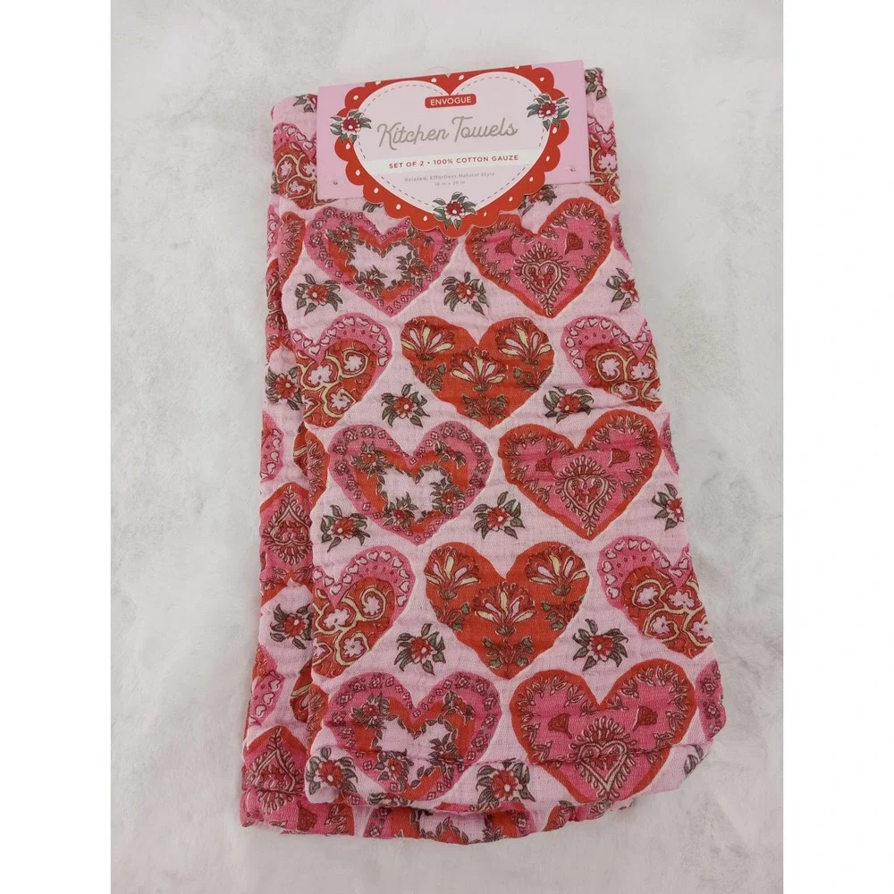 ENVOGUE‎ KITCHEN TOWELS COTTON GAUZE HEARTS FLORAL PINK 18X28